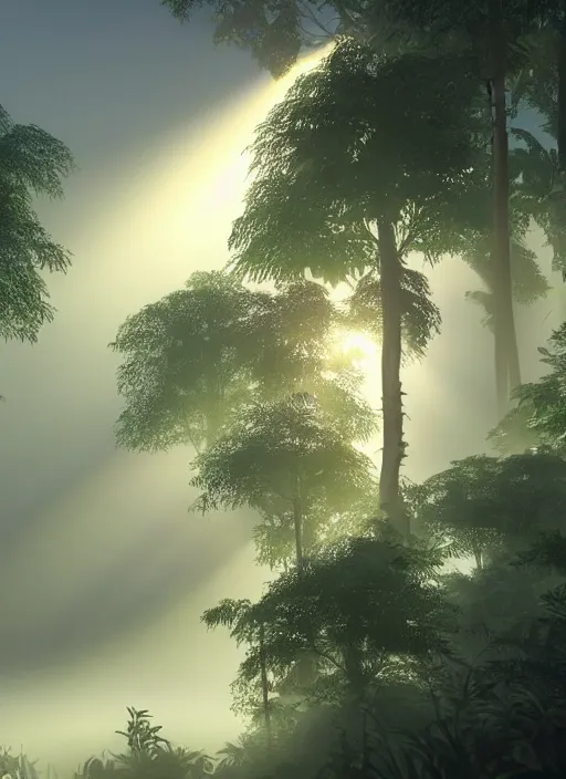 Image similar to jungle with sunrays piercing foliage and fog at dusk, realistic, ultra detailed, artstation