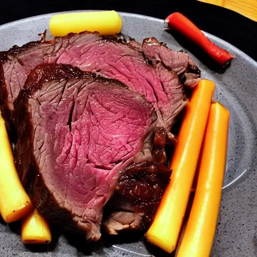 Image similar to chuck roast norris, food photo of chuck norris face on chuck roast