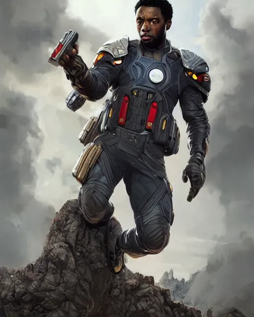 Prompt: Chadwick Boseman as an Apex Legends character digital illustration portrait design by, Mark Brooks and Brad Kunkle detailed, gorgeous lighting, wide angle action dynamic portrait