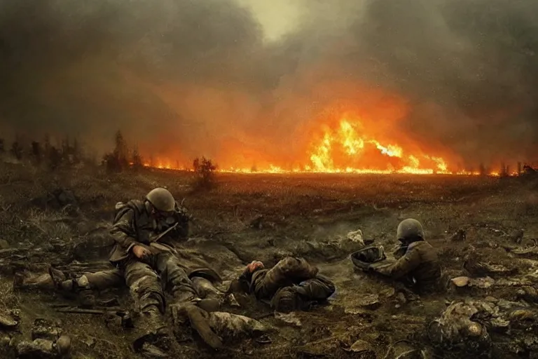 Image similar to desolate battleground, soldiers laying on the ground, thick dark smoke, vehicles on fire, heavy rain from thick clouds, mushroom cloud in the background, bleak, melancholy atmosphere, 4k artwork by Gregory Crewdson and Grzegorz Domaradzki and Ivan Shishkin and Jakub Rozalski