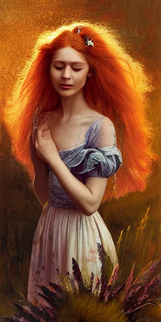 Prompt: infp young woman, smiling amazed, golden fireflies lights, full covering intricate detailed dress, amidst nature, long red hair, accurate linework, green eyes, small nose with freckles, oval shape face, realistic, expressive emotions, dramatic lights, hyper realistic ultrafine art by artemisia gentileschi, caravaggio, jessica rossier, boris vallejo