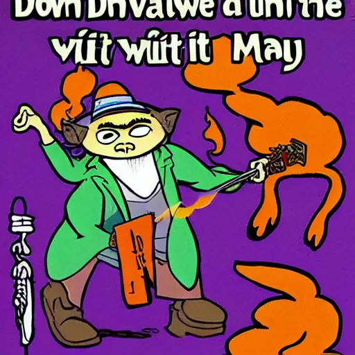 Image similar to down in the valley on a foggy little rock stood a pretty little demon blowing his top fire in his eyes and smoke from his head you gotta be real cool to hear the words he said he said mop mop muckity muck muck that cat was mad! by glen orbik and mort drucker