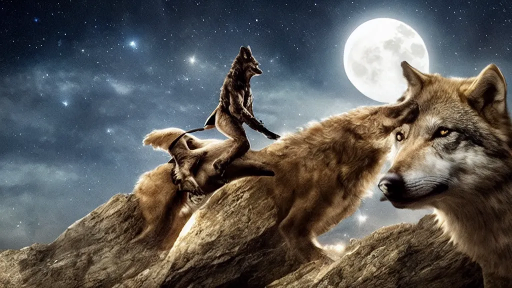 Image similar to Beautiful cinematography of a close up highly detailed David Bowie riding a wolf at night, while on top of a large cliff with the full moon in the background