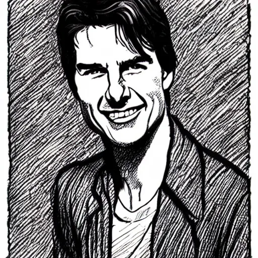 Image similar to a portrait drawing of Tom Cruise drawn by Robert Crumb