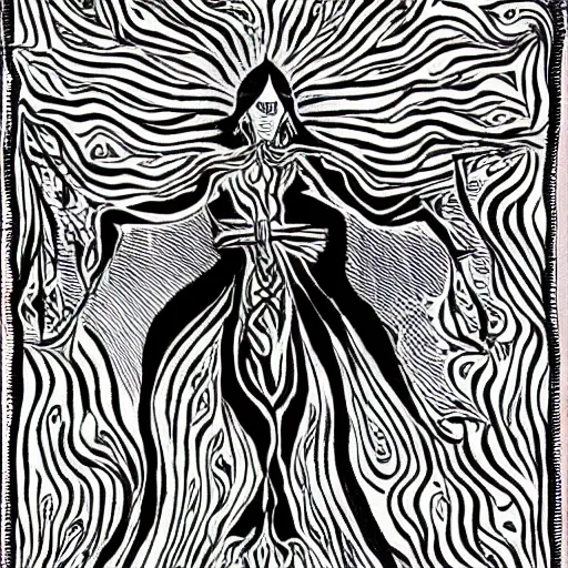 Prompt: black and white pen and ink!!!!!!! Suprani!!!!! wizard Nick Drake wearing High Cosmic print robes made of stars flaming!!!! final form flowing ritual royal!!! Vagabond!!!!!!!! floating magic swordsman!!!! glides dancing through a beautiful!!!!!!! Camellia!!!! Tsubaki!!! death-flower!!!! battlefield behind!!!! dramatic esoteric!!!!!! Long hair flowing dancing illustrated in high detail!!!!!!!! by Hiroya Oku!!!!!!!!! graphic novel published on 2049 award winning!!!! full body portrait!!!!! action exposition manga panel black and white Shonen Jump issue by David Lynch eraserhead and beautiful line art Hirohiko Araki!! Frank Miller, Kentaro Miura!, Jojo's Bizzare Adventure!!!! 3 sequential art golden ratio technical perspective panels horizontal per page