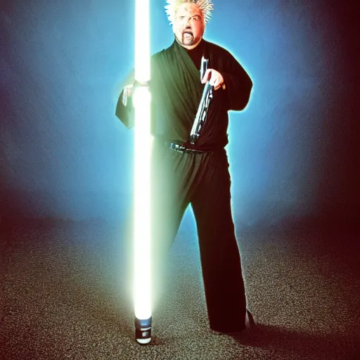 Prompt: desaturated!!!!!!, Guy Fieri in Star Wars, Jedi Knight, blue light saber, cinematic, cinestill 400t film, 35mm lens, by Stanly Kubrick, ultra high quality