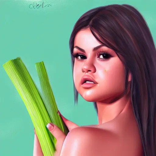 Image similar to photorealistic digital painting of selena gomez as celery, hd, artstation, 4 k wallpaper