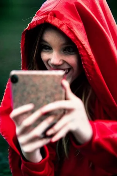 Image similar to “ very photorealistic photo of the real little red riding hood and the wolf taking a selfie, award - winning details ”