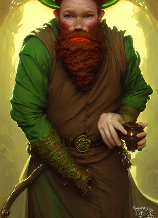 Prompt: cinematic portrait of coy leprechaun, dark red beard, floating magical charms by artgerm, cushart krenz, greg rutkowski, mucha. art nouveau. gloomhaven, green tones and golden charms, vibrant colors, sharp edges. ultra clear detailed. 8 k. elegant, intricate, octane render