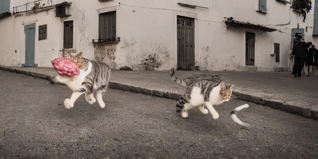 Image similar to photography of a cat running away with mortadella in his mouth at trullo houses town in the background, photoreal, 3 5 mm, award winning photography