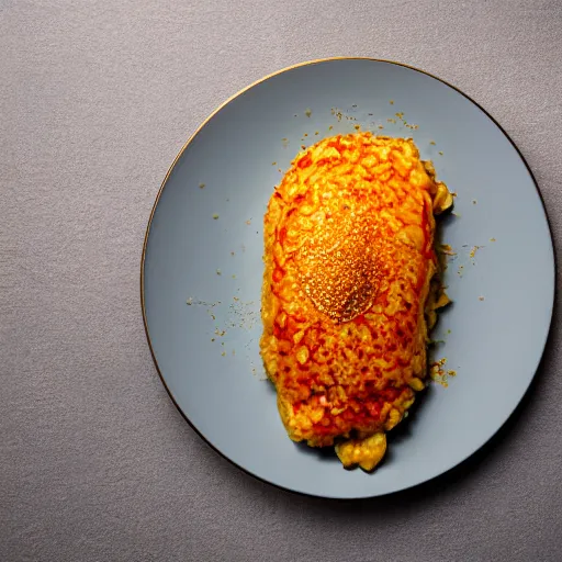 Image similar to a minimalist eating omurice on a embossed silver plate, color restoration, clear focus, golden hour