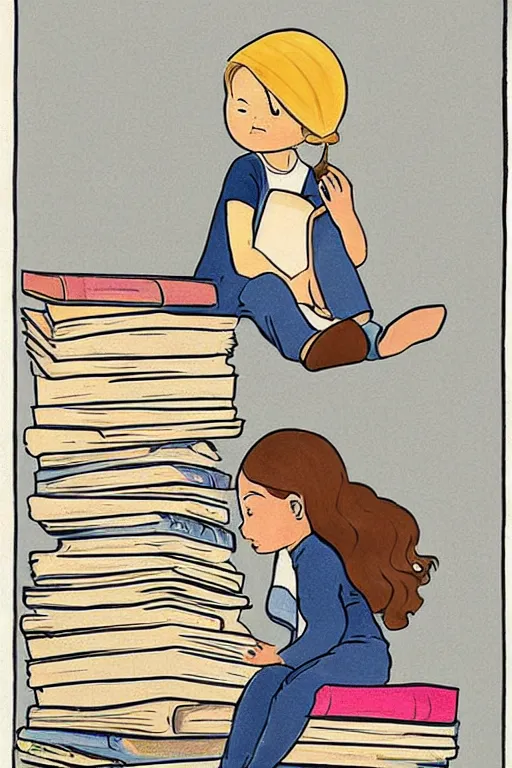 Prompt: a little girl sits cross legged on top of a tall pile of books. she is reading. clean elegant pretty cartoon painting, flat colors, beautiful detailed face.