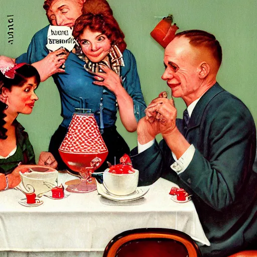 Prompt: happy polyamorous family of two men and two women around the breakfast table. flamingo wallpaper behind them by norman rockwell and larry flynt, high color, detailed,