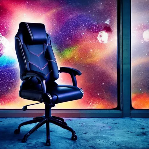 Prompt: impressive photography of gaming chairs flying through space, moody, colorful