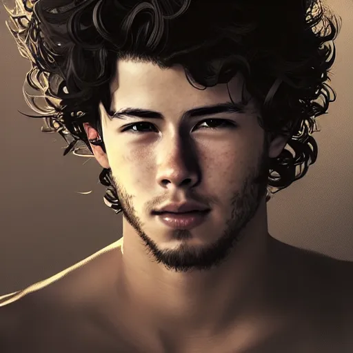 Prompt: Portrait of man with Nick Jonas's Tousled Curls type hair and Javanese-type skin, atmospheric lighting, intricate detail, cgsociety, ambient light, dynamic lighting, anime style by Yusuke Kozaki