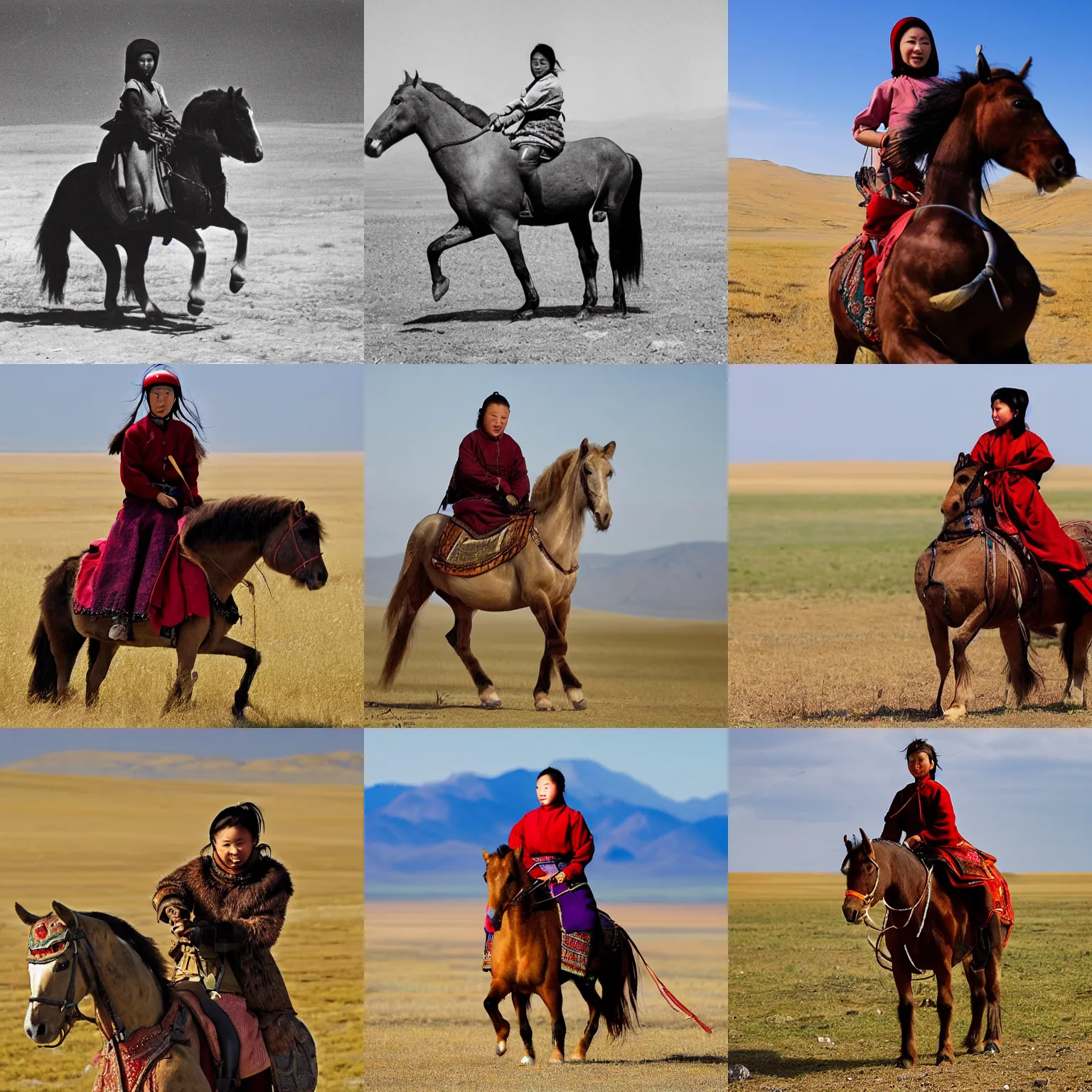 Prompt: A young female Mongolian Khan, riding her horse on the Steppe