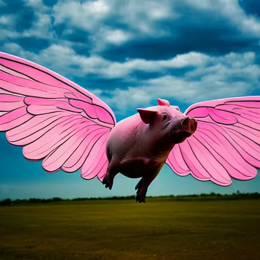 Prompt: national geographic photograph of a flying pig with pink wings, soaring through the sky. daylight, outdoors, wide angle shot