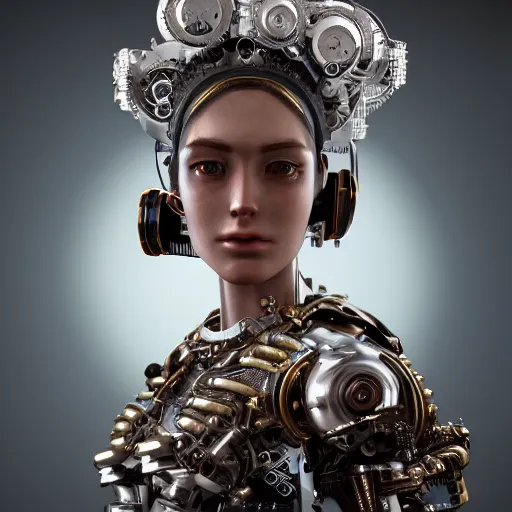 Prompt: portrait of a mechanical girl, ornamental, photorealism, cinematic atmosphere, elaborate, highly detailed, ornate, shiny, dramatic lighting, 4 k, octane render, by waterhouse, - h 8 5 0 - w 6 0 0