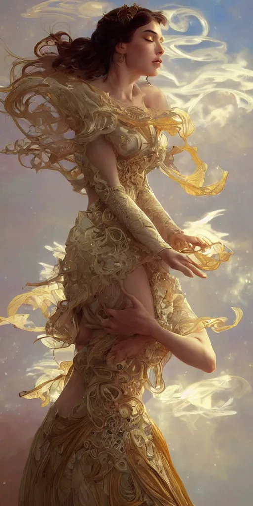 Image similar to portrait of a dream, ethereal, expressive pose, acrobatic, golden eyes, ornate frilly dress, fantasy, intricate, elegant, highly detailed, digital painting, artstation, concept art, smooth, sharp focus, illustration, art by artgerm and greg rutkowski and alphonse mucha