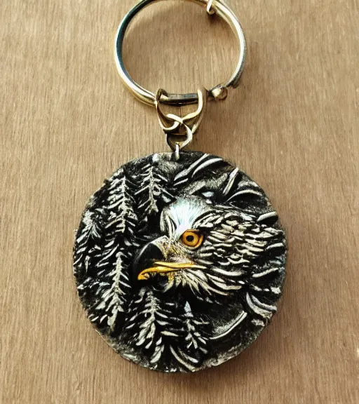 Prompt: realistic keychain of 'an eagle in the nest of a snowy pine tree'