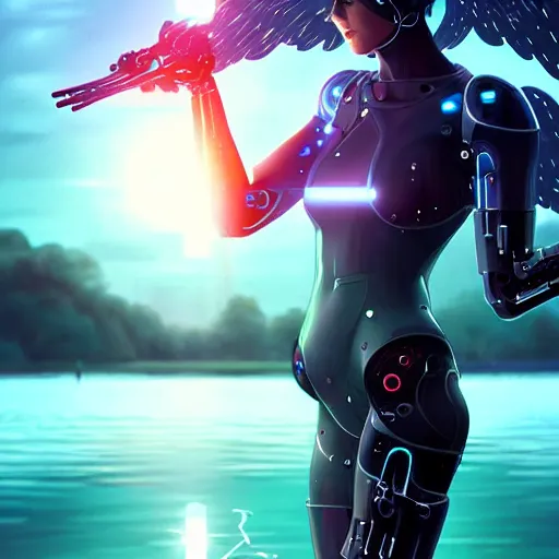 Image similar to a beautiful cyborg - angel girl standing on a lake, rainfall, biomechanical details, digital cyberpunk anime art, full body shot!!, reflections, lens flare, 1 6 k resolution, wlop!!, ilya kuvshinov, artgerm, krenz cushart, greg rutkowski