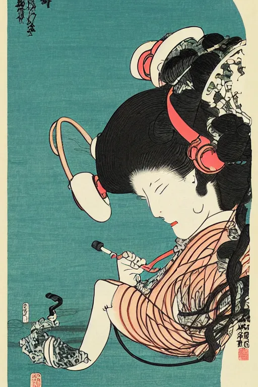 Image similar to a goddess with headphones enjoying music and smoking a cigarette, in a silent disco rave, by katsushika hokusai, by ralph steadman, storybook illustration, cool color palette, in a symbolic and meaningful style, single figure