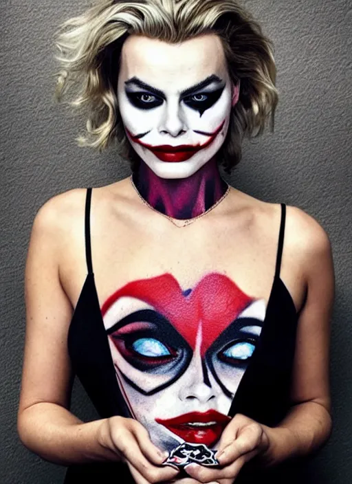 Image similar to beautiful margot robbie with joker makeup tattoo design, holding an ace card, black and white, realism tattoo, hyper realistic, highly detailed