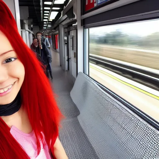 Image similar to A cute anime girl with red hair in a pony tail, she is riding the train to work early in the morning.