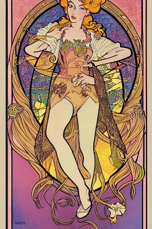Prompt: full length painting of princess peach art nouveau, tarot card by mucha, gaudy colors, sharp edges, intricate linework.