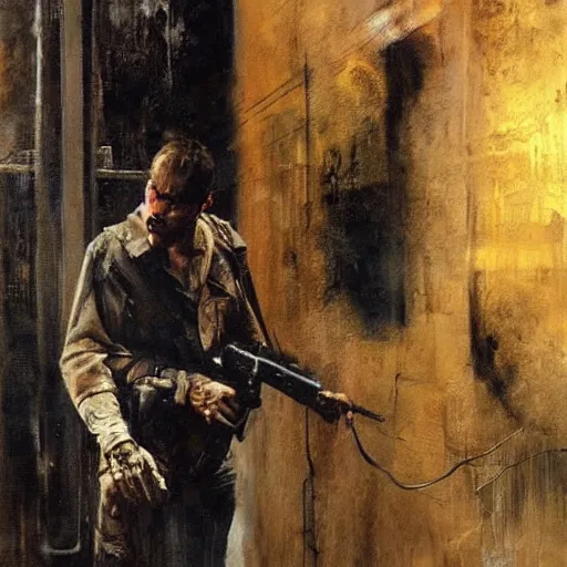 Prompt: a scene from the movie stalker, painted by phil hale