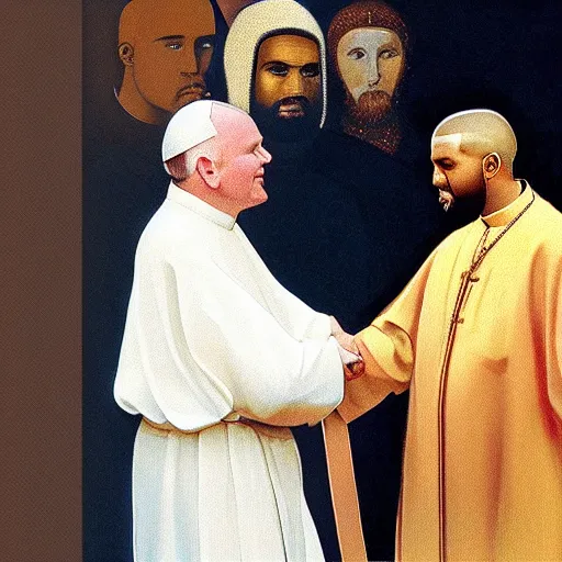 Prompt: a religious painting of john paul ii shaking hands with kanye west