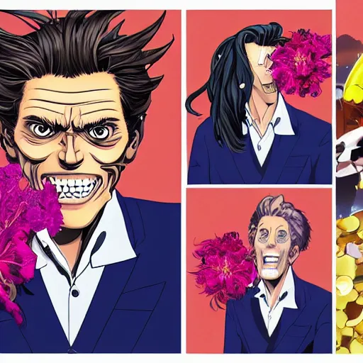 Image similar to willem dafoe, grinning, wearing a suit, posing, portrait surrounded by hibiscus flowers, jojo cover art, jojo anime style, david production, style of vento aureo cover art, style of stone ocean cover art, style of steel ball run cover art, style of jojolion cover art, ilya kuvshinov style, illustrated by hirohiko araki