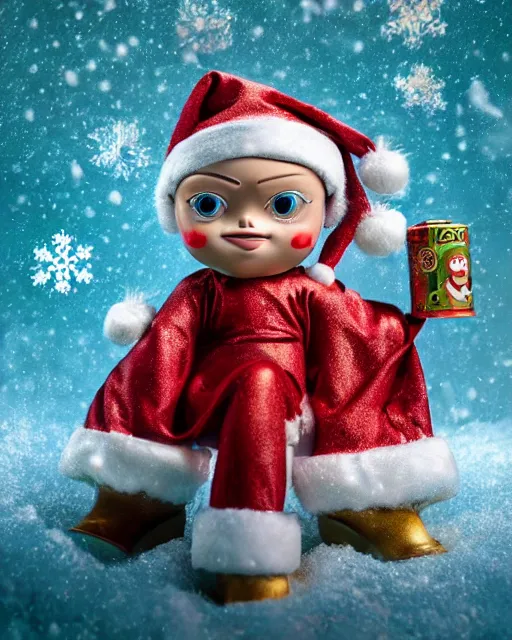 Image similar to highly detailed closeup, portrait of a tin toy santa greta thunberg wearing a bikini, depth of field, fashion photoshoot by nicoletta ceccoli, mark ryden, lostfish, dan decarlo, bob clampett, max fleischer, breathtaking, detailed and intricate snowenvironment, 8 k resolution, hyperrealistic, octane render