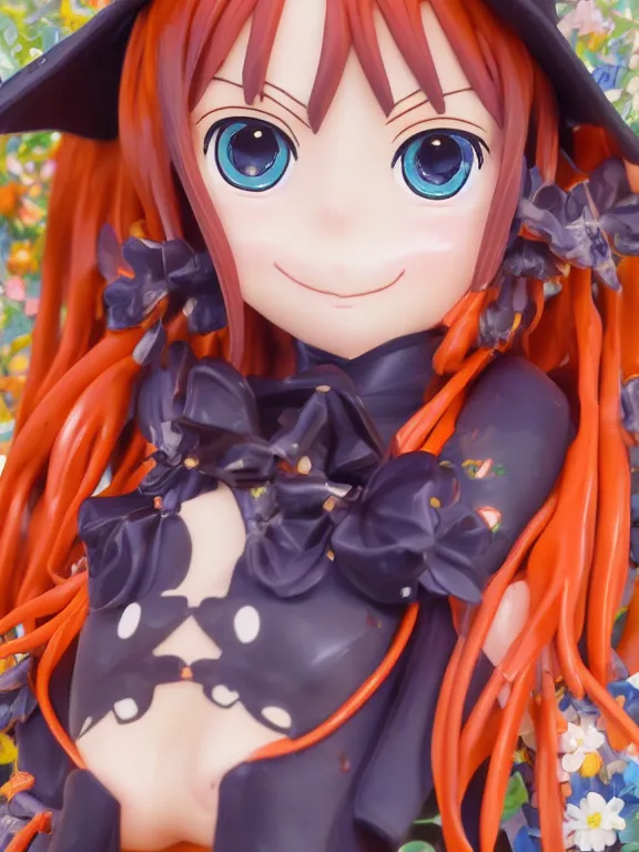 Image similar to A good smile anime figure Full shot of a cute mischievous young witch about to get up to some trouble with her playful snake familiar. Latin American fashion. Floral patterns. Black and Orange palette. Magic. defined facial features, symmetrical facial features. PVC Figure. award winning, Artstation, intricate details, realistic, Hyperdetailed, 8k resolution.