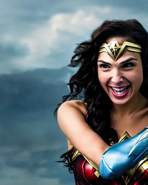 Image similar to gal gadot as she crinkles her nose while laughing, dressed as wonder woman, photorealistic, hdr, color, hyperreal