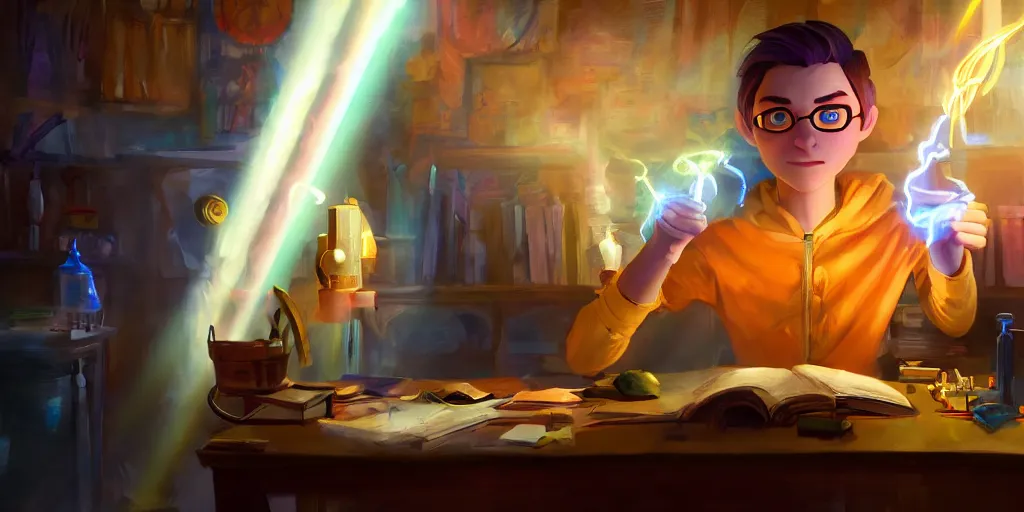 Image similar to a young male mage they are in a alchemy workshop working at there desk. colorful, light rays, medium shot, waist up, sharp, bloom, dramatic lighting, by pixar, dreamworks and marvel