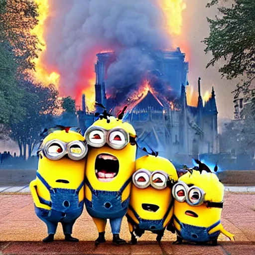 Image similar to “minions laughing as the Notre dame burns behind them, 4k, digital art, award winning”