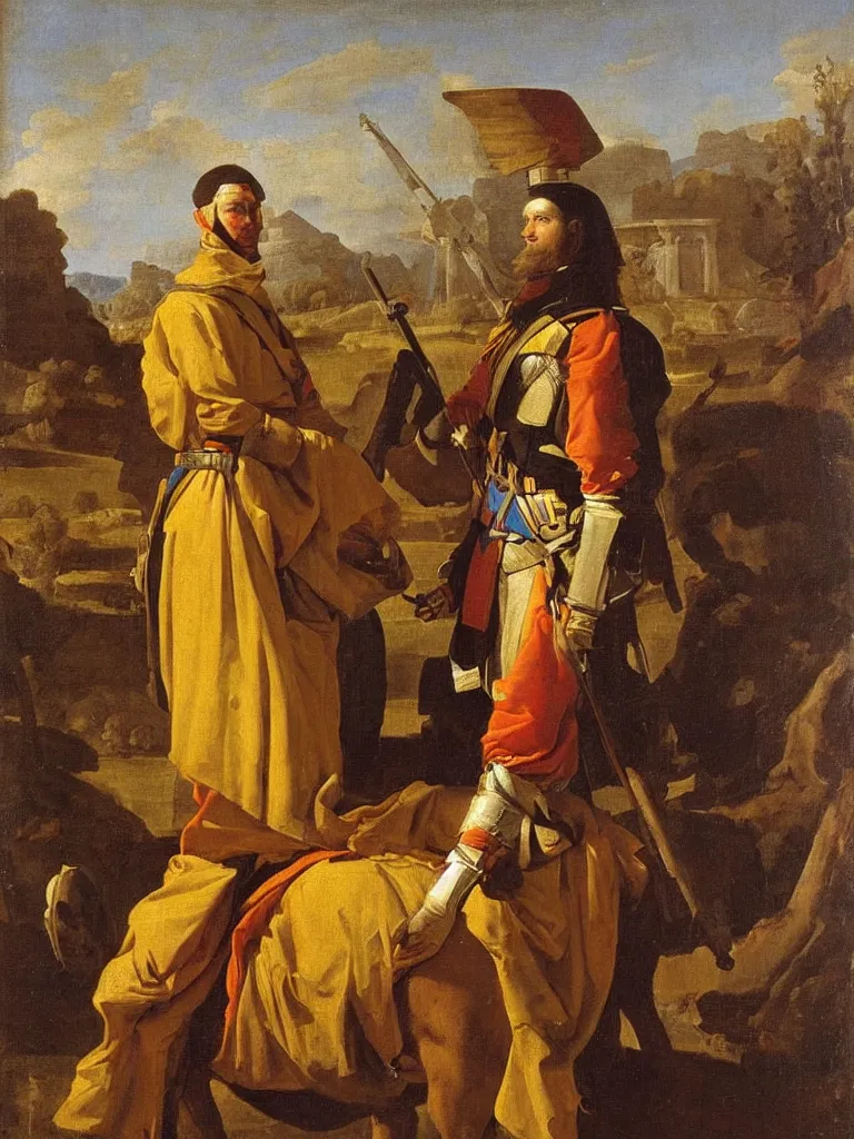 Prompt: portrait of a soldier with the queen, by nicolas poussin