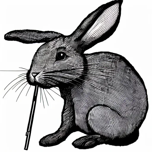 Image similar to black - and - white line art illustration of a rabbit deep in a tangled forest, smoking a cigarette