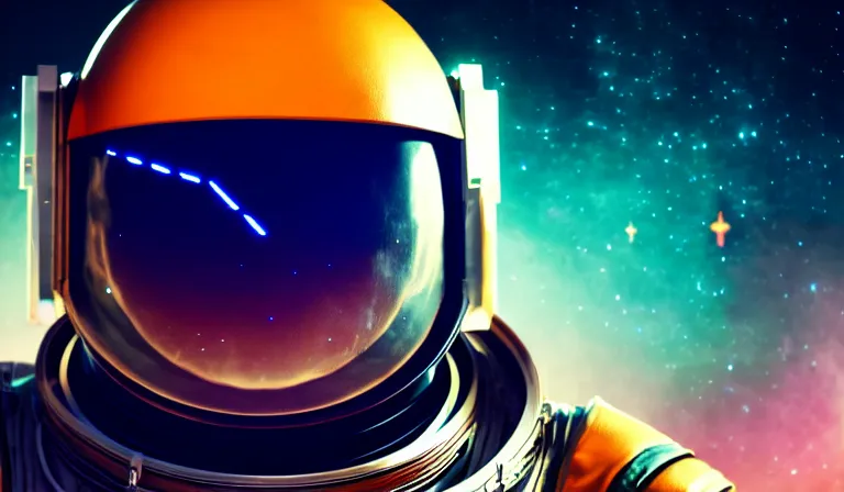 Image similar to cyberpunk astronaut helmet with cosmos background, close shot, 8k, cinematic, epic, ultra detailed, award winning, trending on artstationHD, dramatic