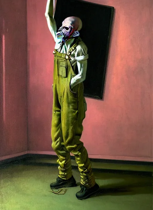 Prompt: an insane, skinny artist wearing torn overalls, expressively, physically fighting with a ghost inside a grand studio, depth of field, hauntingly surreal, highly detailed oil painting, by francis bacon, edward hopper, adrian ghenie, glenn brown, soft light 4 k, pink and green colour palette, cinematic composition, cinematic lighting, high quality octane render, masterpiece