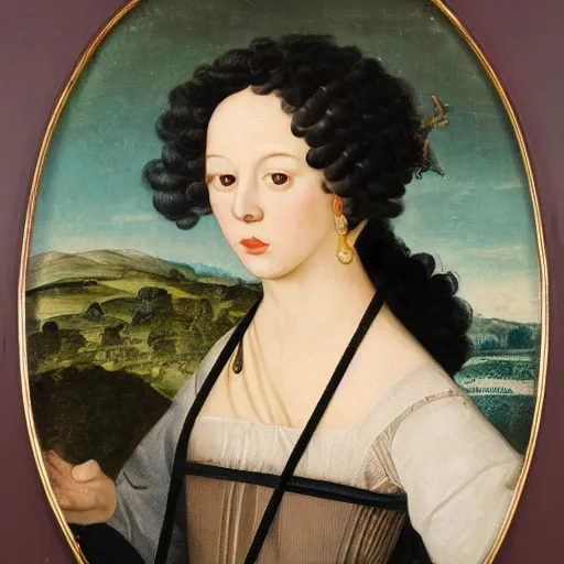 Image similar to young woman from the year 1 5 0 0, seated in front of a landscape background, her black hair is fine curly, she wears a dark green dress pleated in the front with yellow sleeves, puts her right hand on her left hand and smiles slightly, oil painting