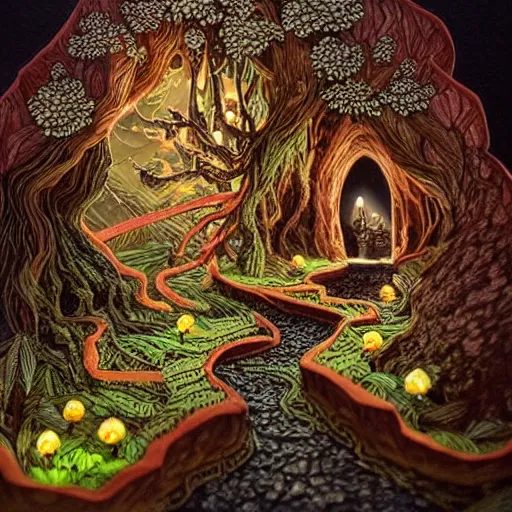 Prompt: paper quilling , whole page illustration , art in the style of greg rutkowski and thomas kinkade and Larry Elmore, a tiny village carved into the side of a tree, inhabited by elves and faeries, the outside lights are bioluminescent mushrooms and fungi intricately detailed