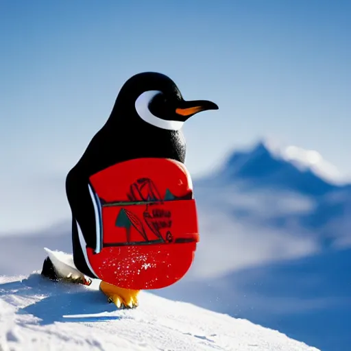 Image similar to ultrawide angle photograph of a snowboarding penguin, extremely detailed, the penguin has ruffled feathers, the snowboard he is standing on is bright red and carved, the snowboard has a tribal print, 8 k