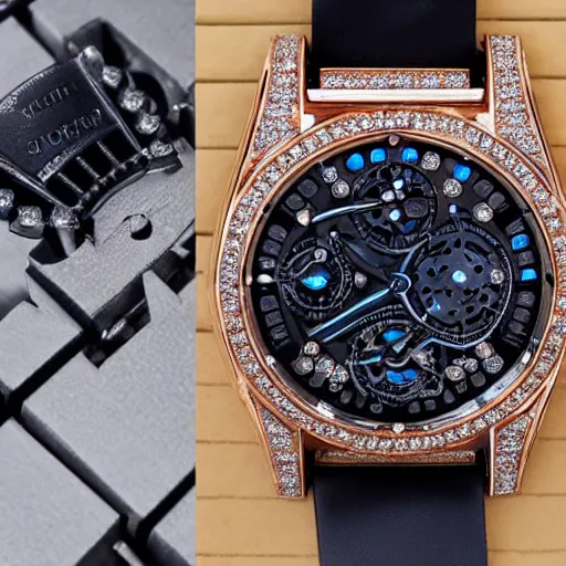 Image similar to vvs diamond alexandrite watch, intricate design, rolex, cogs and gears, steampunk watch, richard mille, promotional photo, 8 k photography