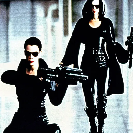 Image similar to movie scene from the matrix, trinity played by marilyn monroe, wearing all black vinyl, holding two guns, film still by the wachowskis
