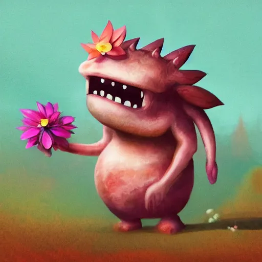 Image similar to small cute monster holding flower, concept art, detailed