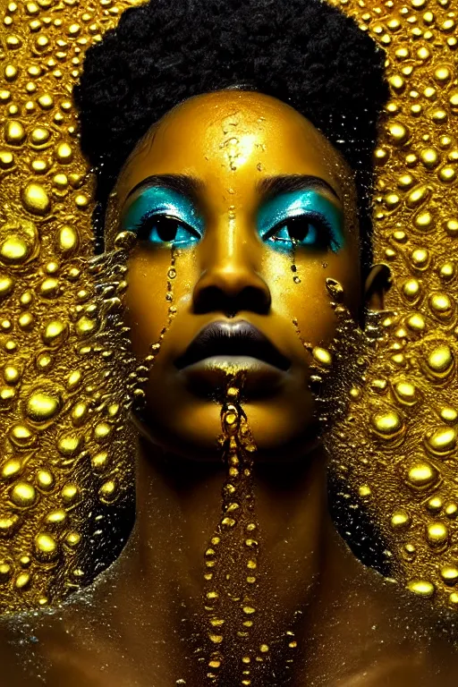 Prompt: hyperrealistic post - dada cinematic very expressive! profile black oshun goddess, emerging from water!!, mirror dripping droplet!, gold flowers, highly detailed face, digital art masterpiece, smooth eric zener cam de leon, dynamic pearlescent teal light, low angle uhd 8 k, sharp focus