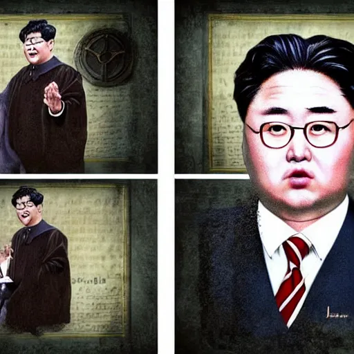 Prompt: Kim jon-un as Harry potter in hogwarts, very detailed, photo realistic