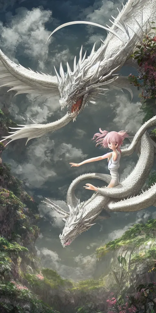 Image similar to the beautiful hyper detailed scene render that a lonely beautiful girl lies in the arms of a huge silver white dragon alone in fairyland surrounded by white clouds, finely detailed angelic face delicate features, style of studio ghibli, makoto shinkai, raphael lacoste, louis comfort tiffany, artgerm, james jean, ross tran, animation style, hd, ultra wide angle